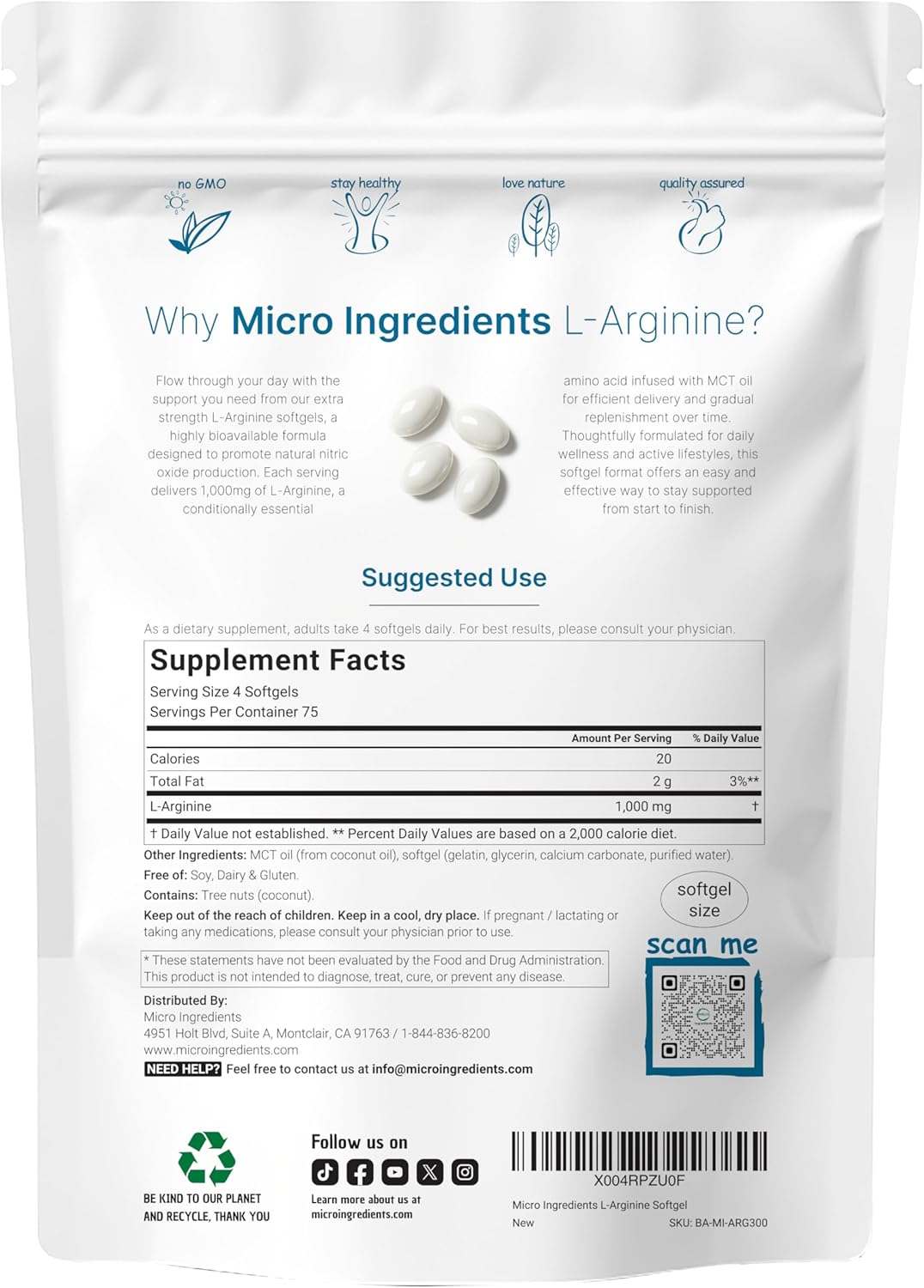 Micro Ingredients L-Arginine 1000mg with MCT Oil,