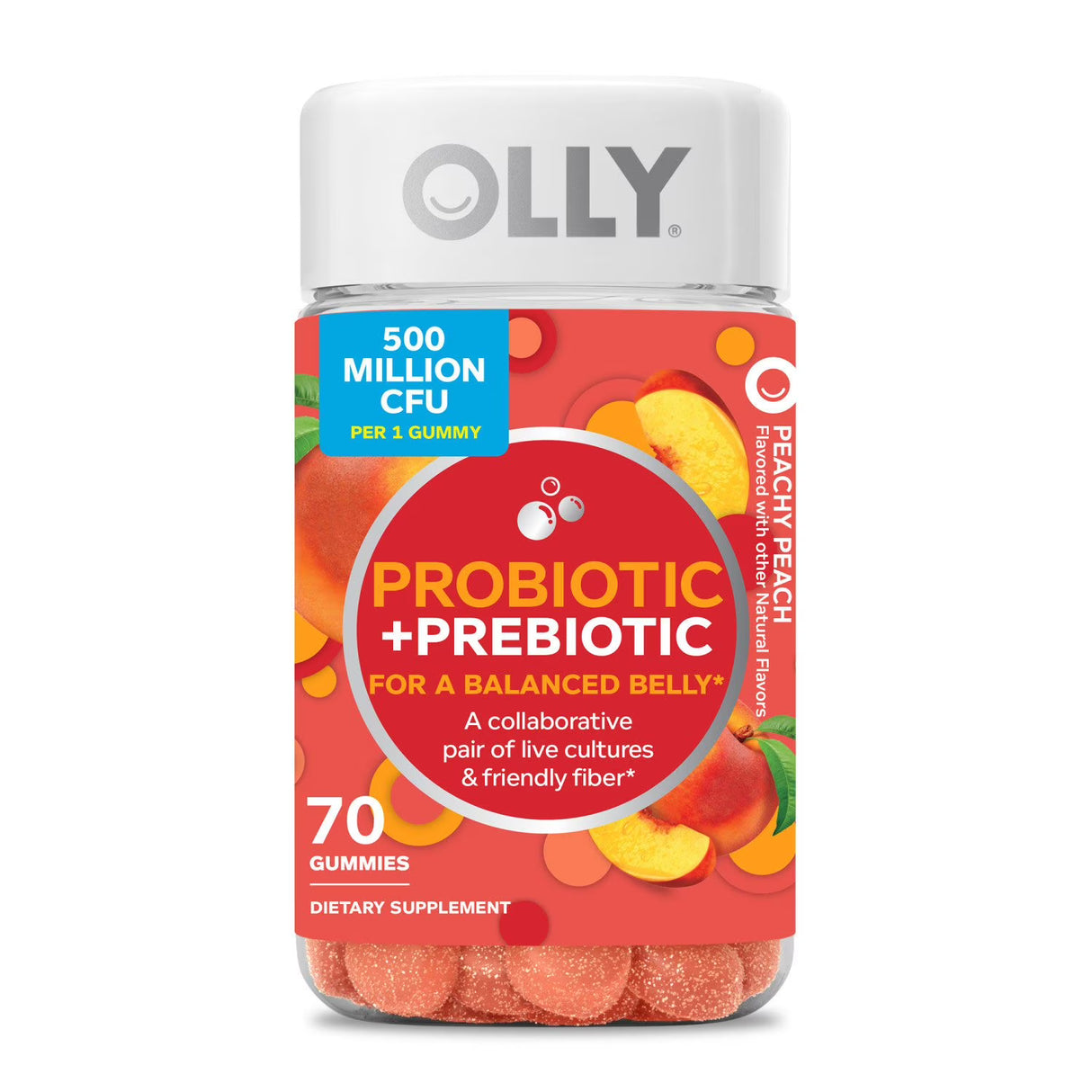 OLLY Adult Probiotic + Prebiotic Digestive Support Gummy, Peach, 70 ct