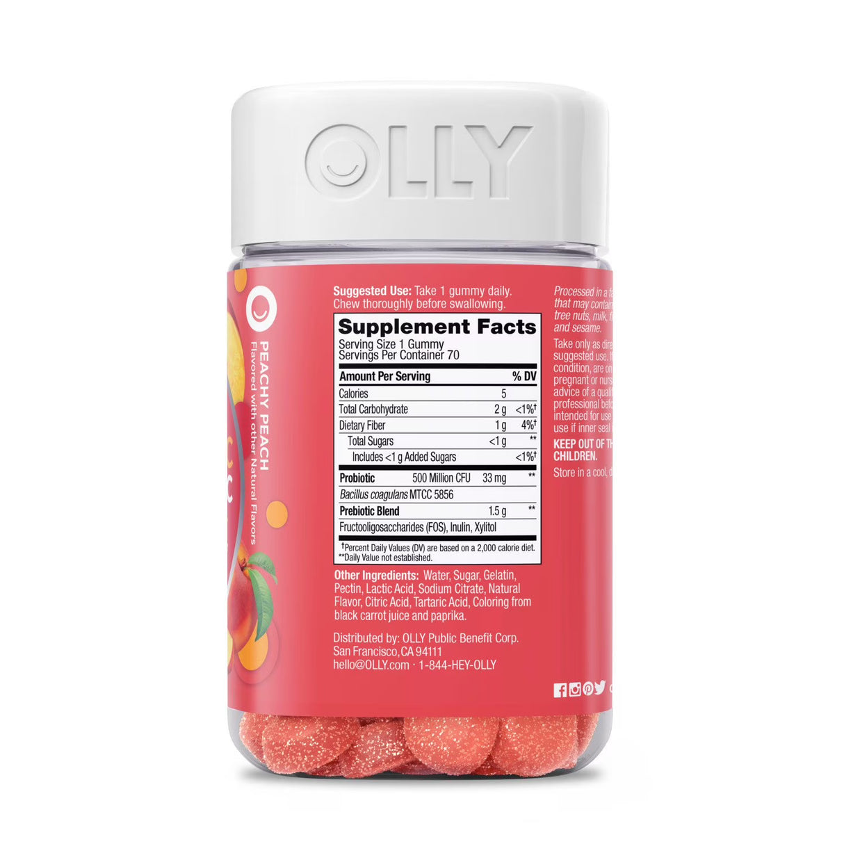 OLLY Adult Probiotic + Prebiotic Digestive Support Gummy, Peach, 70 ct