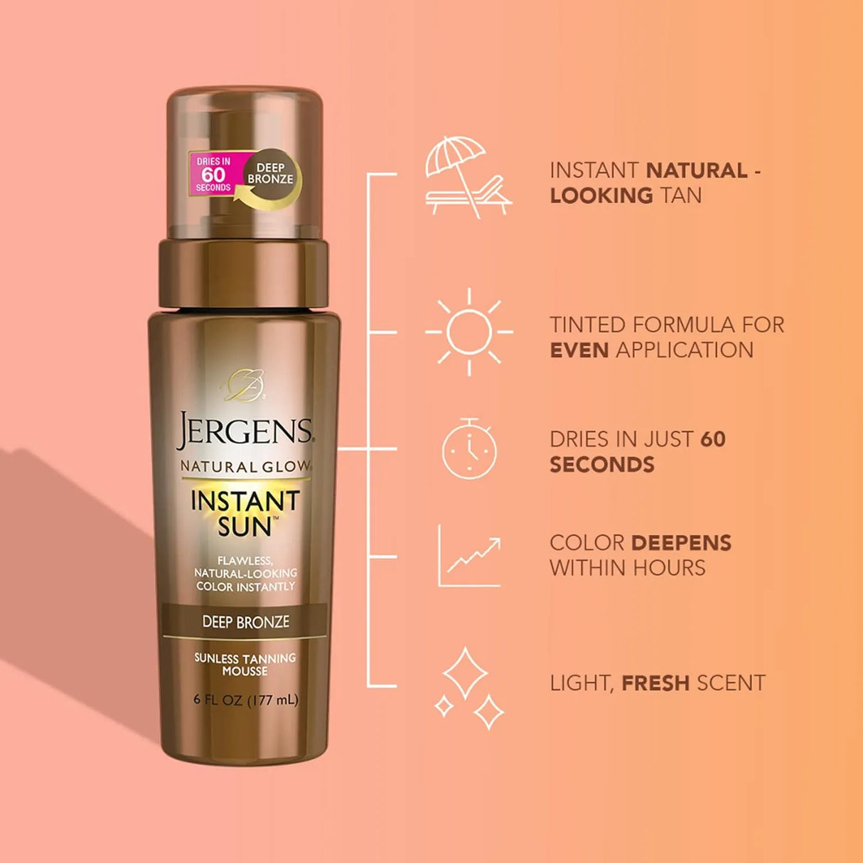 Jergens Natural Glow Instant Sun Body Mousse, Self Tanner for Deep Bronze Tan, 6 Ounce - Kenya
