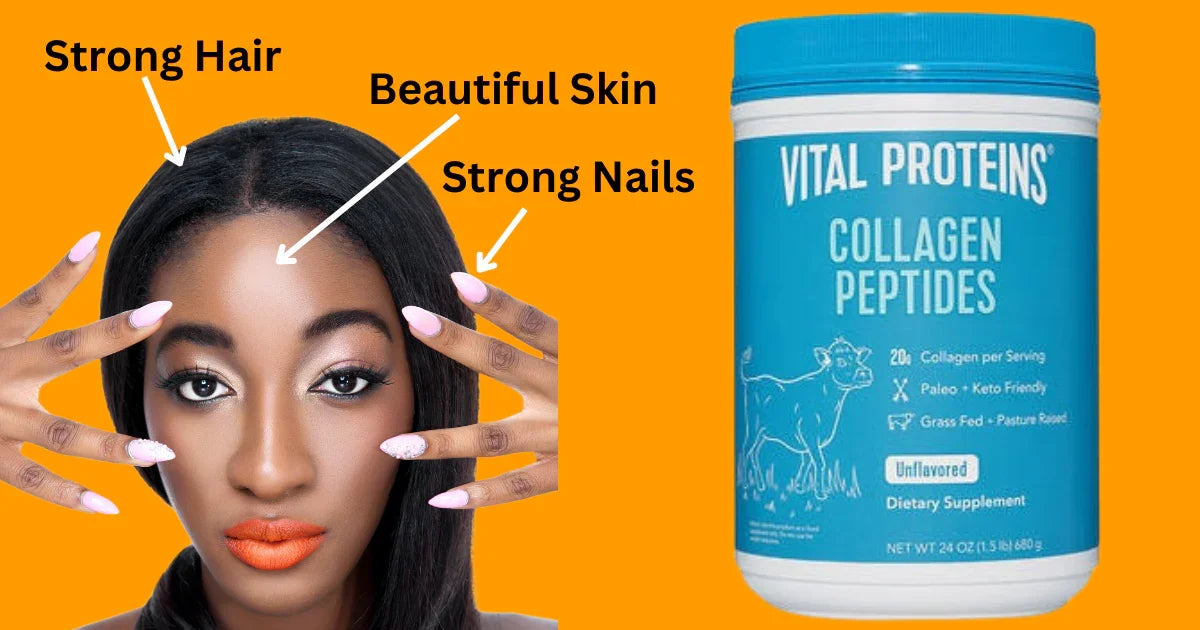 Vital Proteins collagen peptides container and woman showing strong hair, nails, and beautiful skin, collagen benefits in Nairobi Kenya