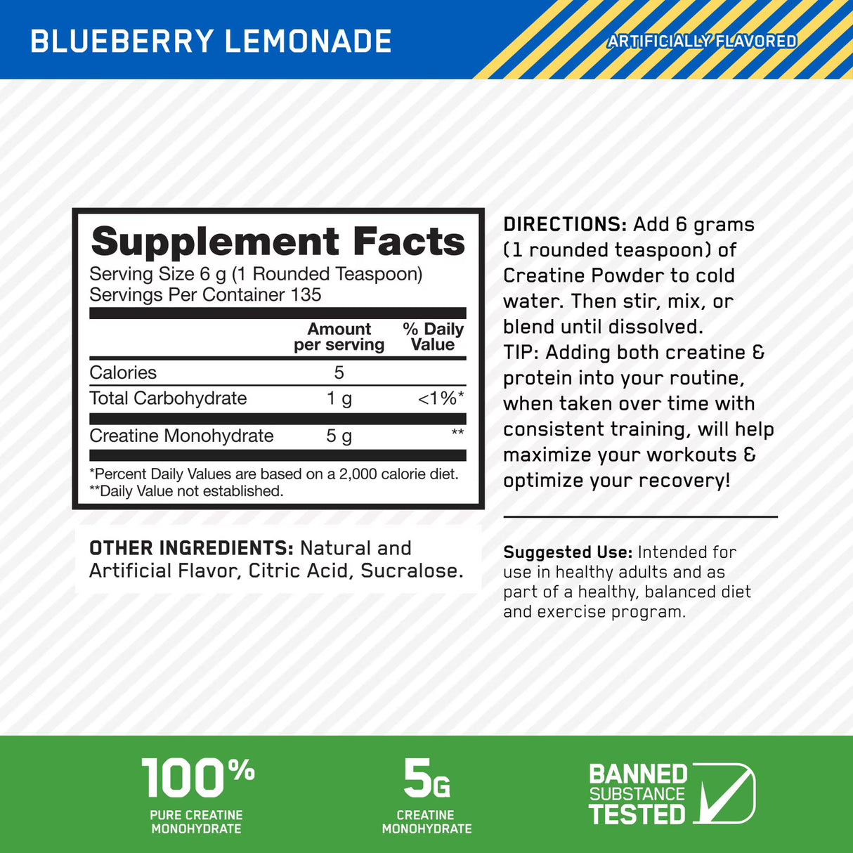 Optimum Nutrition Micronized Creatine, Blueberry Lemonade 810G