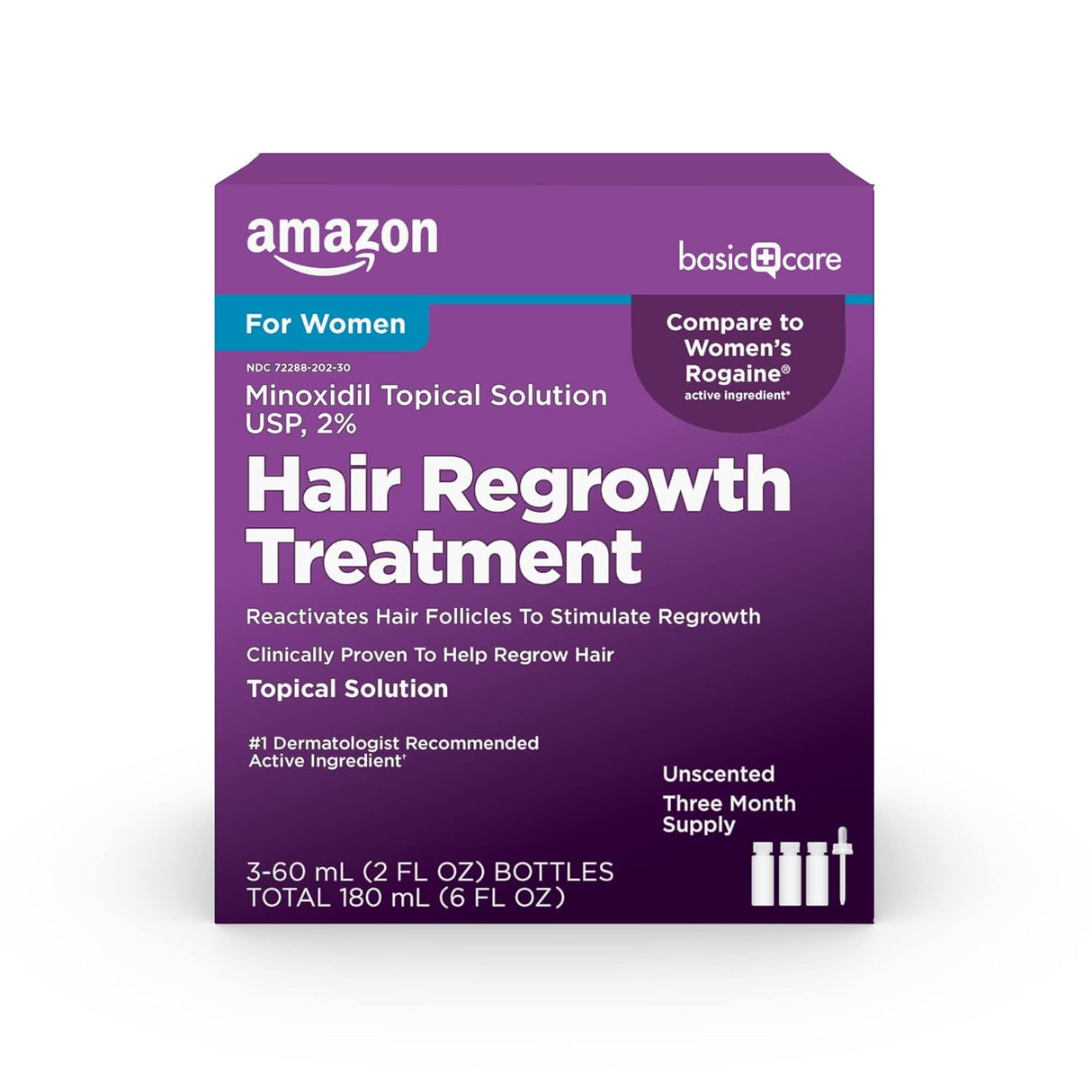 Minoxidil Topical Solution USP, 2% Hair Regrowth Treatment for Women, 3-Month Supply, Unscented, 2 fl oz (Pack of 3)