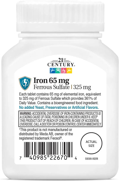 Iron 65 mg Ferrous Sulfate 325 mg Tablets, 120 Count - view 3